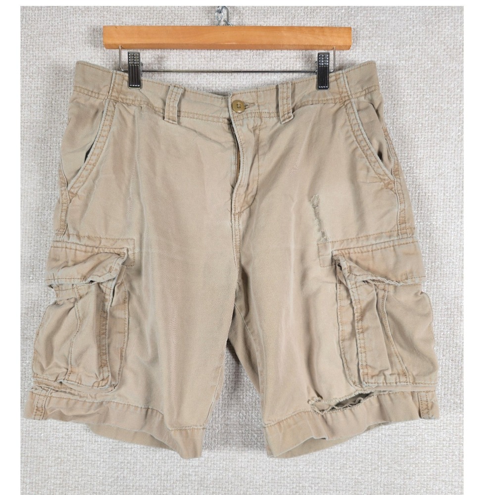 Old Navy Mens Tan Khaki Cargo Shorts Size 33 Distressed Cotton Twill 9 Inseam
